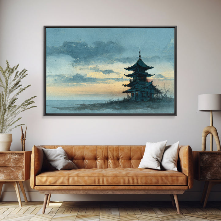 Pagoda Silhouette at Sunset Framed Canvas Print, Asian Inspired Art, Neutral Decor, Living Room Decor, Fine Art, Harmony, ASI-3x2-39