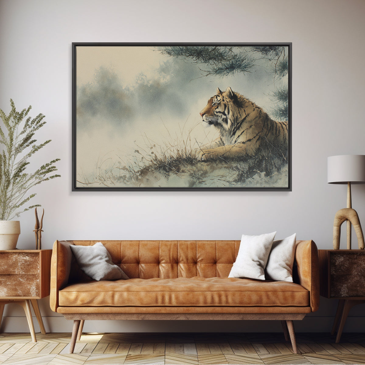 Tiger Portrait with Expressive Brush Ink Energy Canvas Print, Asian Inspired Art, Neutral Wall Art, Living Room Decor, Harmony, ASI-3x2-44