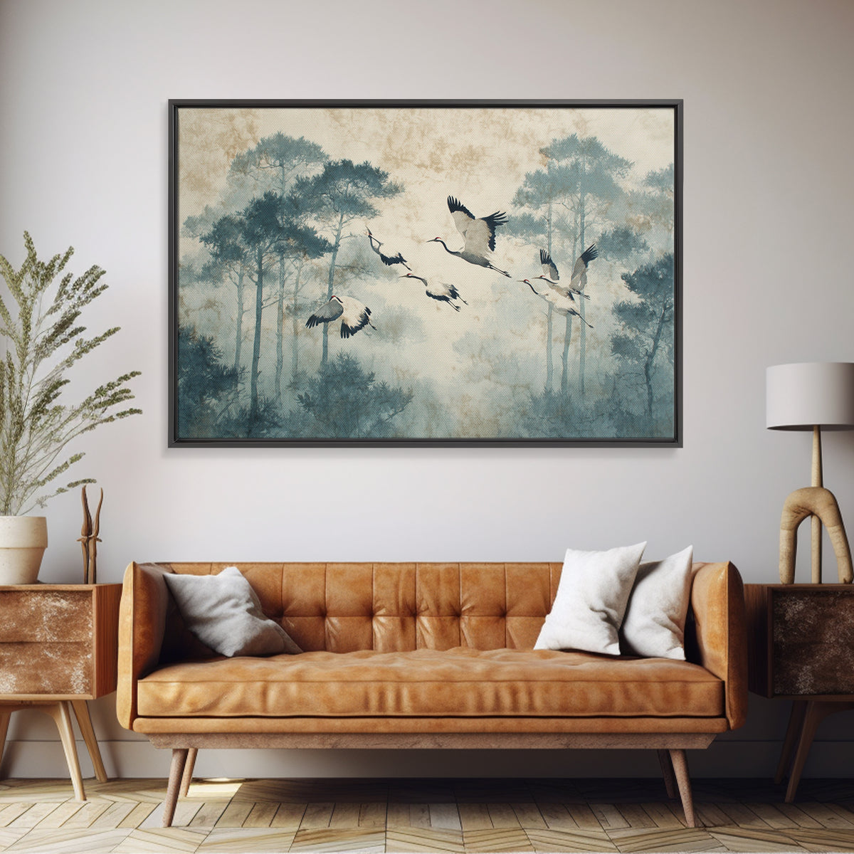 Red Crowned Cranes Flying Through Misty Pine Framed Canvas Print, Asian Inspired Art, Indian Art, Living Room Decor, Harmony, ASI-3x2-5