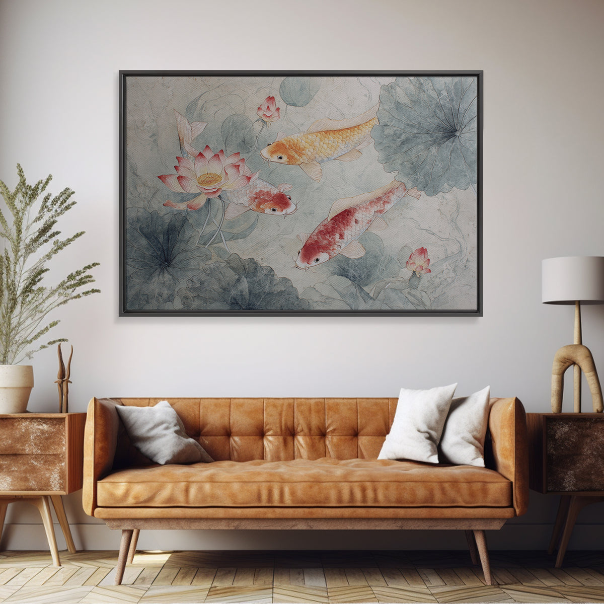 Koi Fish Circling Beneath Floating Lotus Blossoms Canvas Print, Asian Inspired Art, Digital Download Art, Living Room Decor, ASI-3x2-54