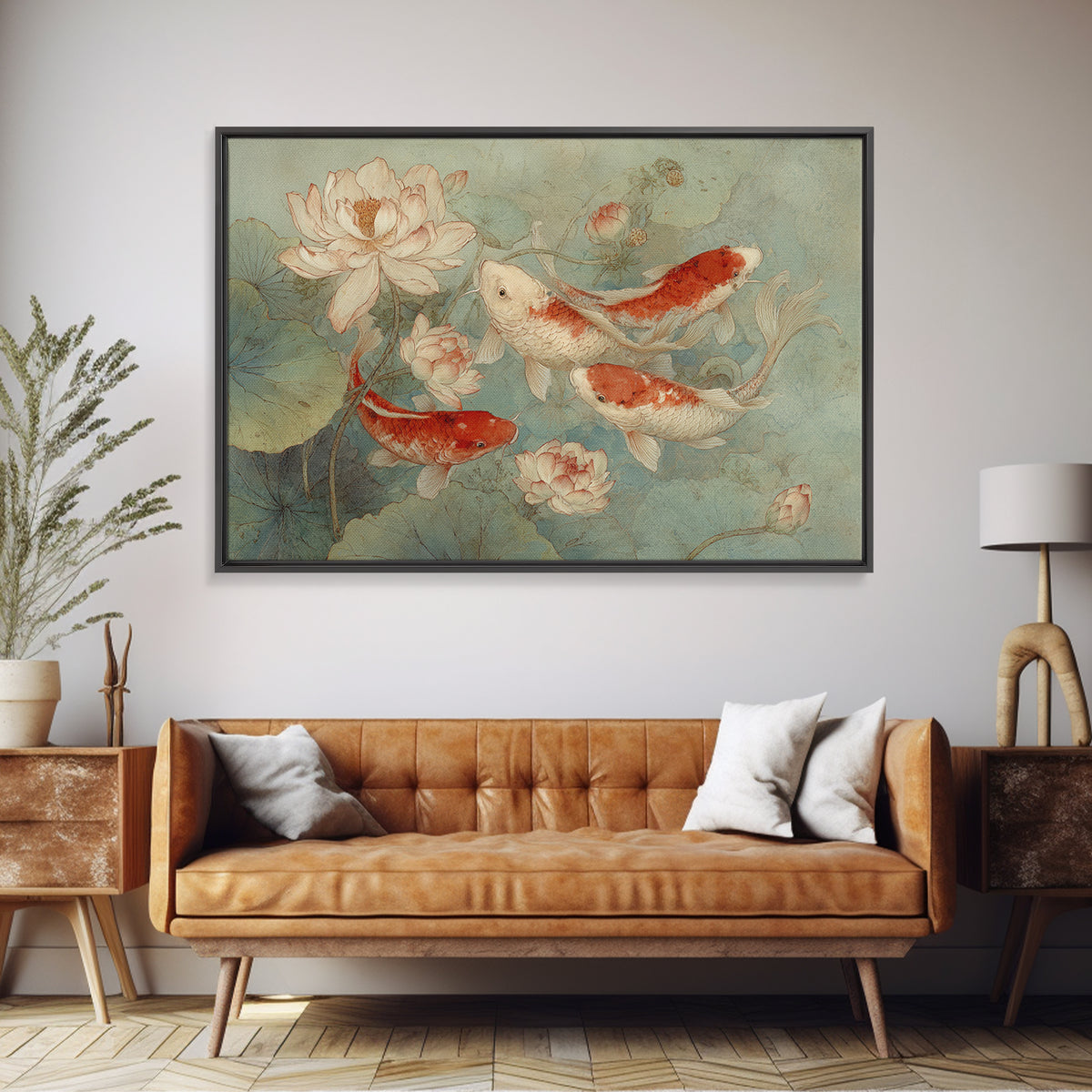 Koi Fish Circling Beneath Floating Lotus Blossoms Canvas Print, Asian Inspired Art, Botanical Print, Living Room Decor, Harmony, ASI-3x2-78