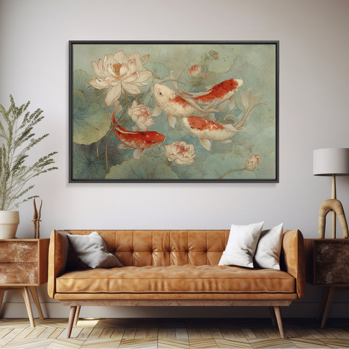 Koi Fish Circling Beneath Floating Lotus Blossoms Canvas Print, Asian Inspired Art, Botanical Print, Living Room Decor, Harmony, ASI-3x2-78