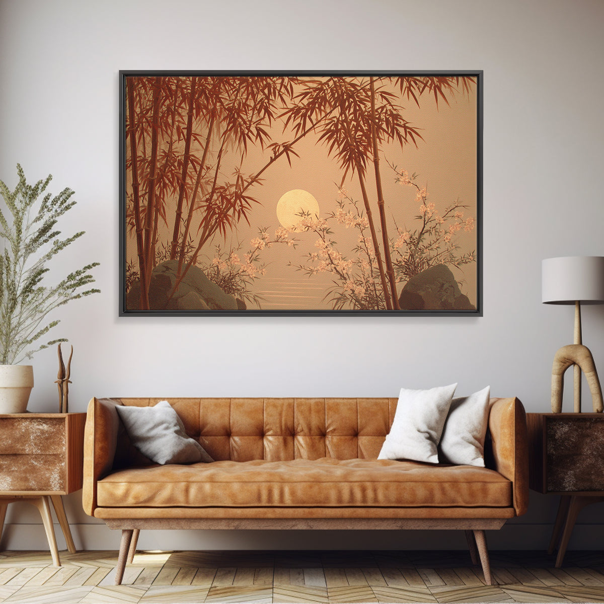 Golden Moon Behind Bamboo Silhouettes Framed Canvas Print, Asian Inspired Art, Zen Wall Art, Living Room Decor, Harmony, ASI-3x2-81