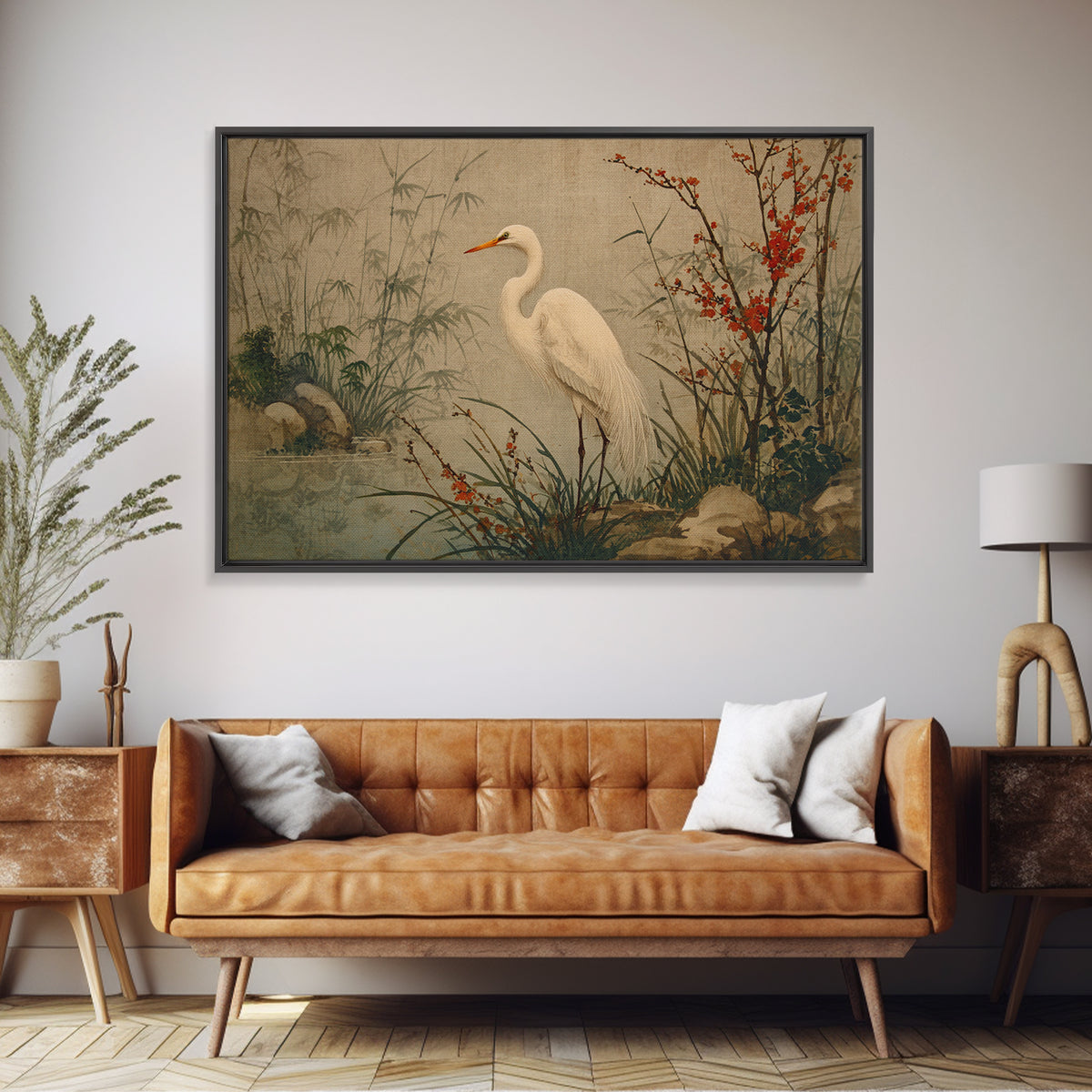 White Heron Standing Framed Canvas Print, Asian Inspired Art, Modern Wall Decor, Living Room Decor, Fine Art, Harmony, ASI-3x2-85