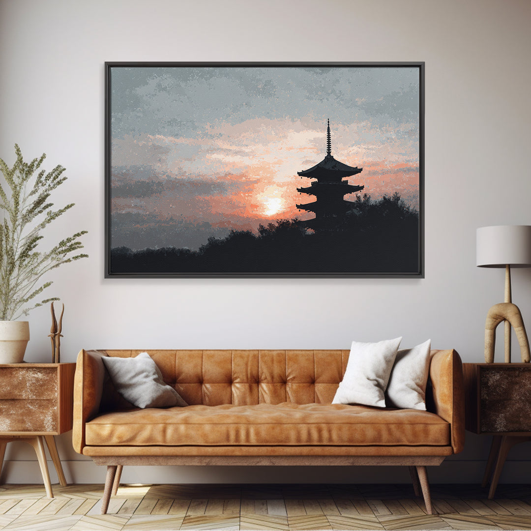 Pagoda Silhouette at Sunset Framed Canvas Print, Asian Inspired Art, Fine Art Print, Living Room Decor, Fine Art, Harmony, ASI-3x2-87