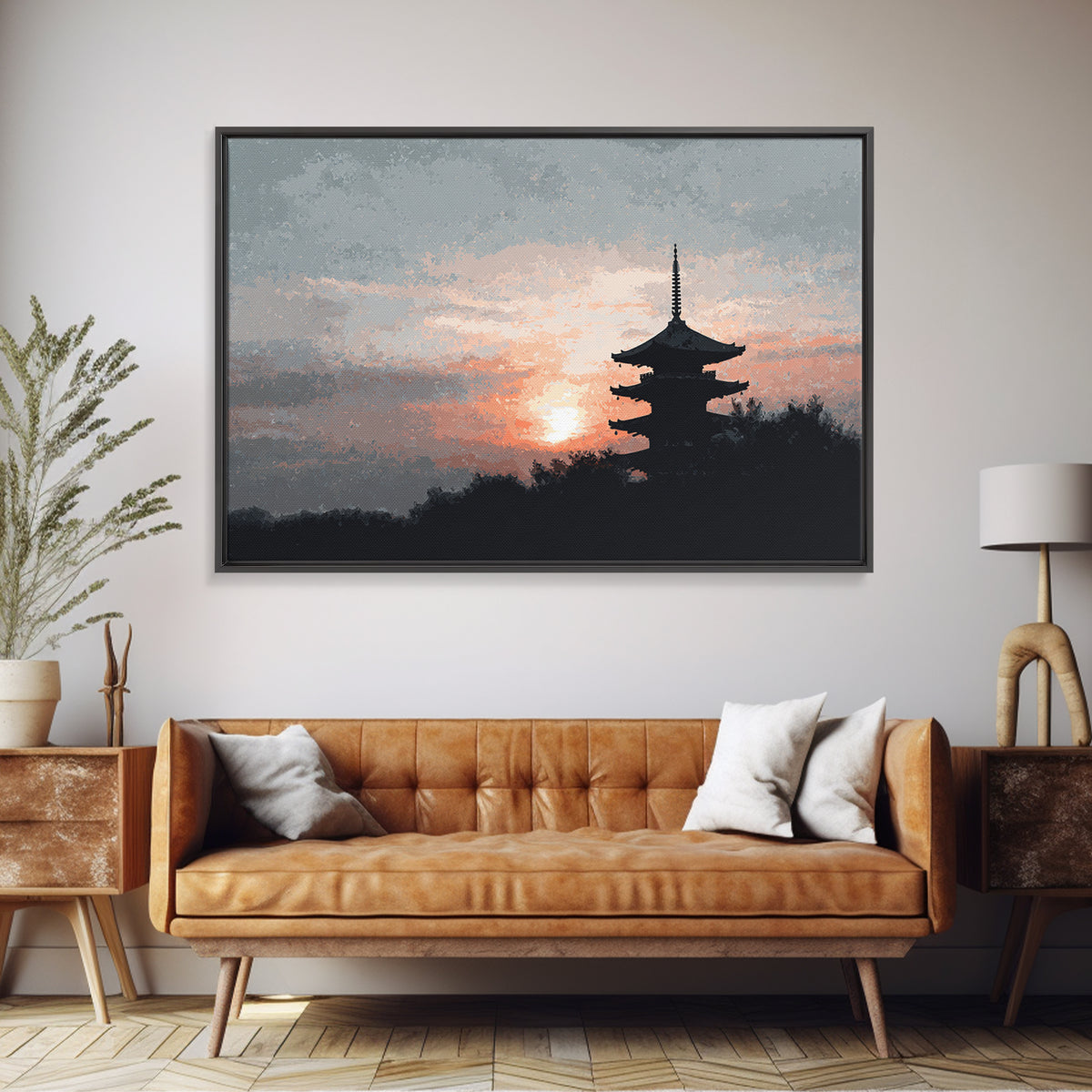 Pagoda Silhouette at Sunset Framed Canvas Print, Asian Inspired Art, Fine Art Print, Living Room Decor, Fine Art, Harmony, ASI-3x2-87