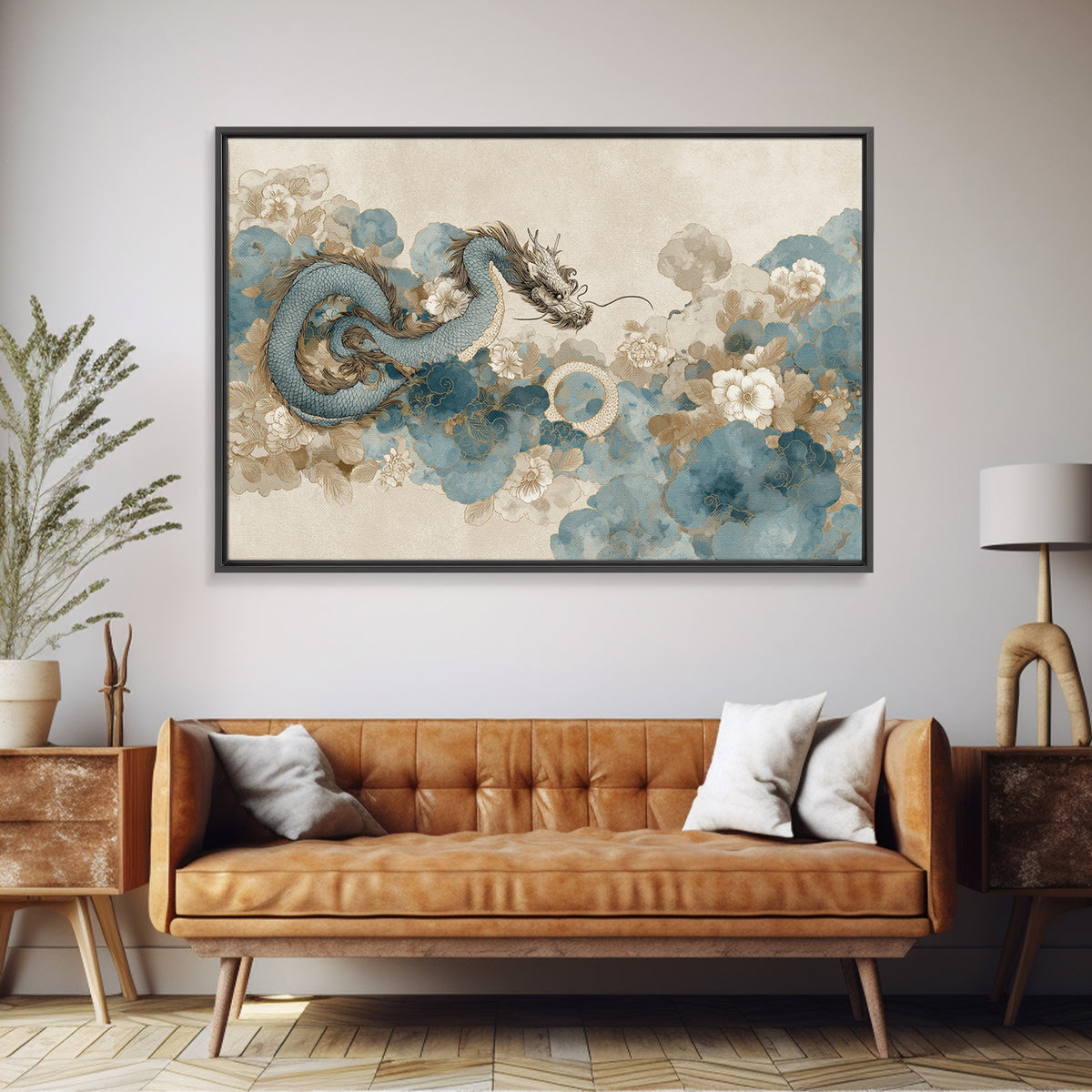 Dragon Curling Through Clouds Canvas Print, Asian Inspired Art, Spiritual Wall Art, Living Room Decor, Oil Painting, Harmony, ASI-3x2-89