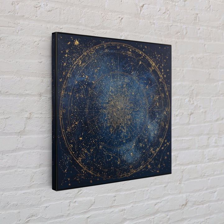 Gold Zodiac Wheel on Deep Midnight Blue Framed Canvas Print, Astrology Art, Neutral Decor, Living Room Decor, Fine Art, Zodiac, AST-1x1-1