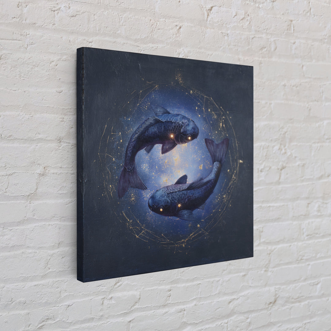 Cosmic Fish Pair Circling a Moonlit Pool Framed Canvas Print, Astrology Art, Dtf Print, Living Room Decor, Fine Art, Zodiac, AST-1x1-47