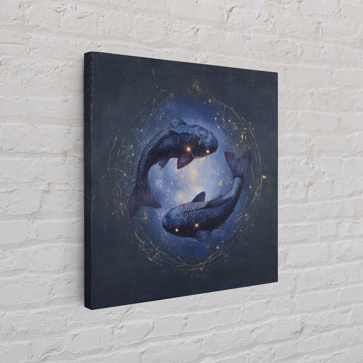 Cosmic Fish Pair Circling a Moonlit Pool Framed Canvas Print, Astrology Art, Dtf Print, Living Room Decor, Fine Art, Zodiac, AST-1x1-47