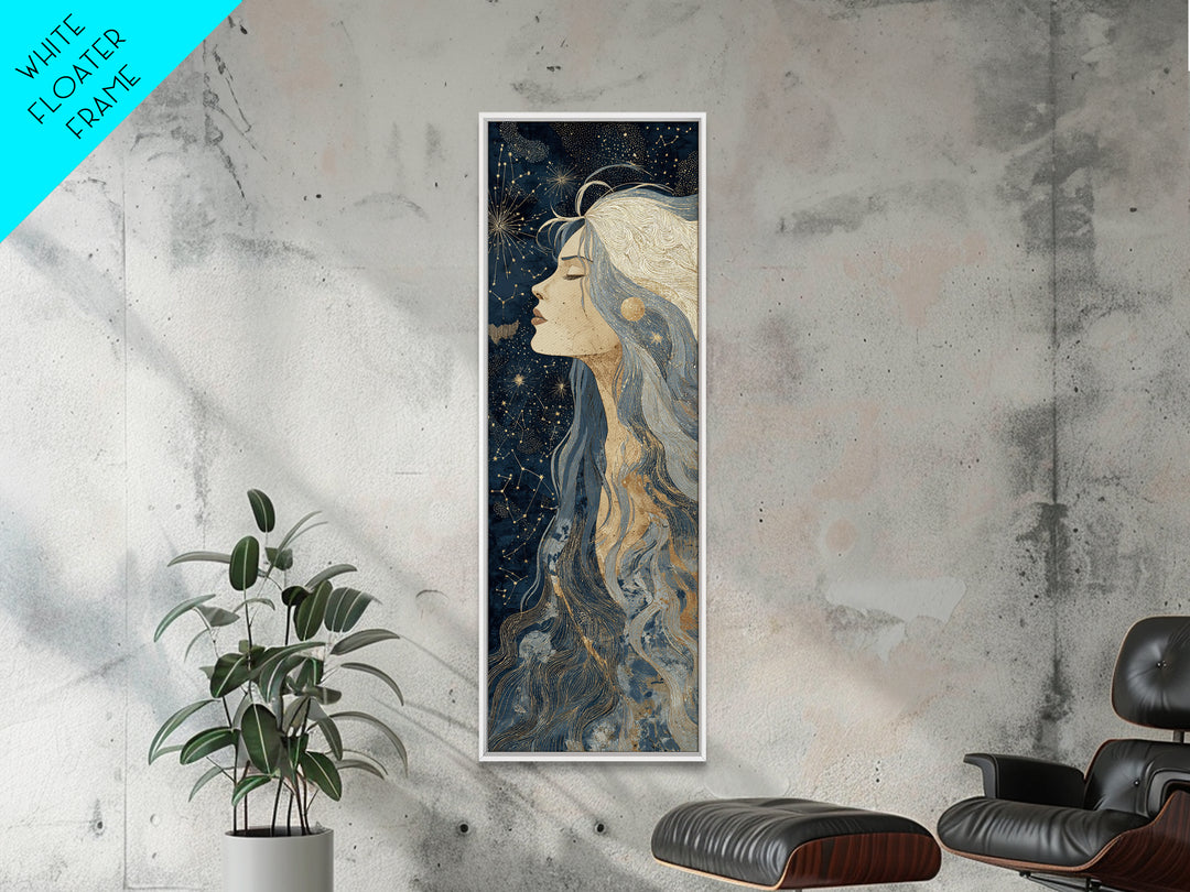 Moon Goddess with Flowing Hair and Constellations Framed Canvas Print, Astrology Art, Boho Decor, Living Room Decor, Zodiac, AST-1x3-15