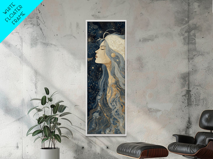 Moon Goddess with Flowing Hair and Constellations Framed Canvas Print, Astrology Art, Boho Decor, Living Room Decor, Zodiac, AST-1x3-15