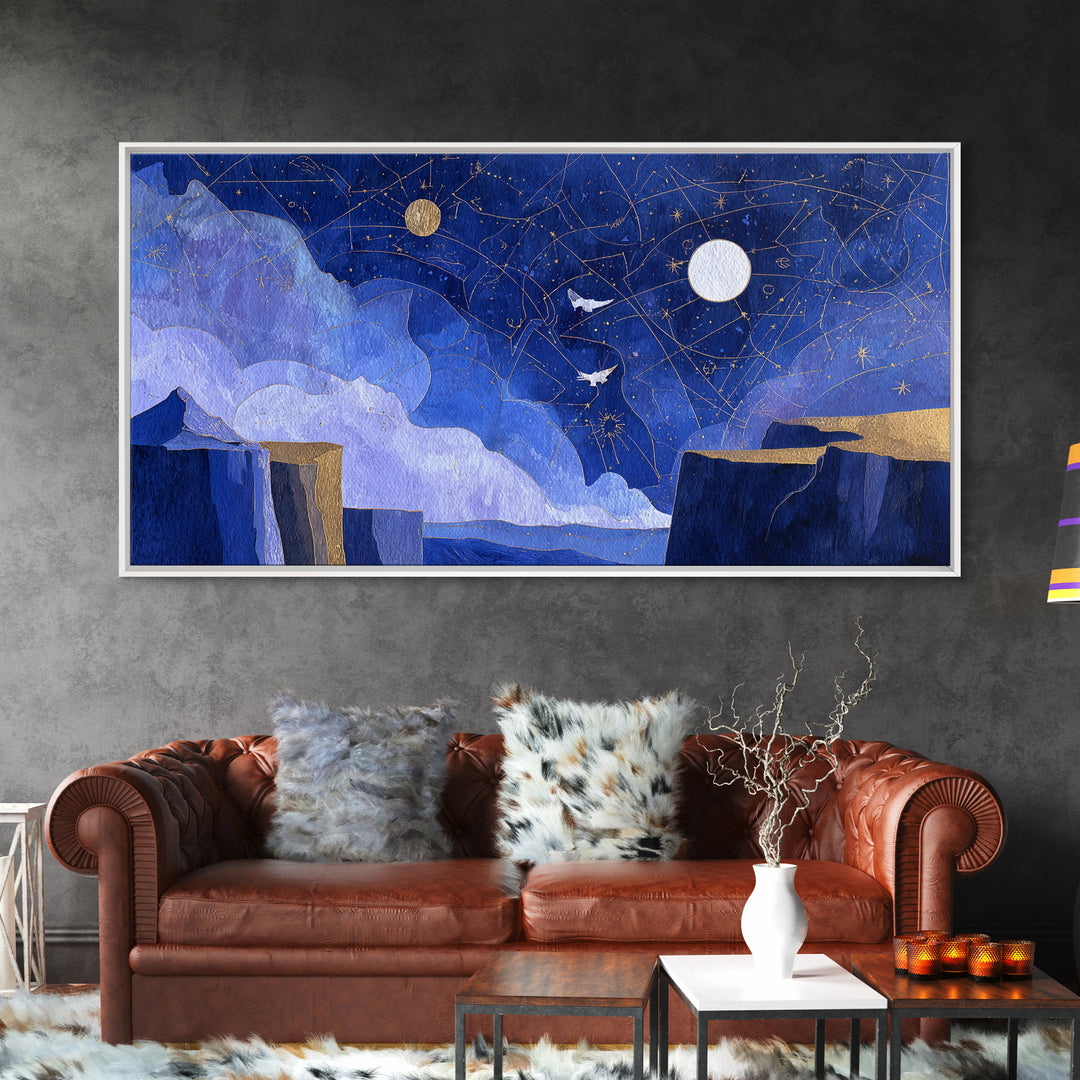 Ram Constellation Above Desert Cliffs at Night Framed Canvas Print, Astrology Art, Giclee Print, Living Room Decor, AST-2x1-100