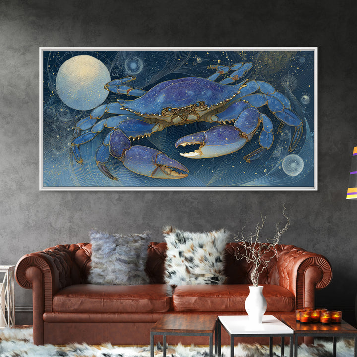 Celestial Crab under Glowing Ocean Moonlight Framed Canvas Print, Astrology Art, Room Decor, Living Room Decor, Zodiac, AST-2x1-12