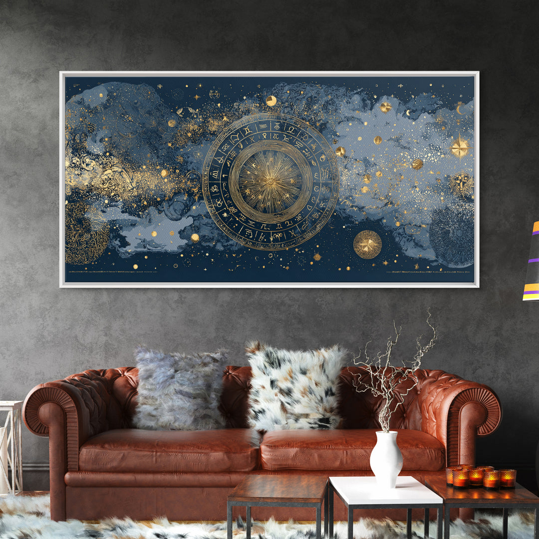 Gold Zodiac Wheel on Deep Midnight Blue Canvas Print, Astrology Art, Digital Wall Art, Living Room Decor, Oil Painting, Zodiac, AST-2x1-21