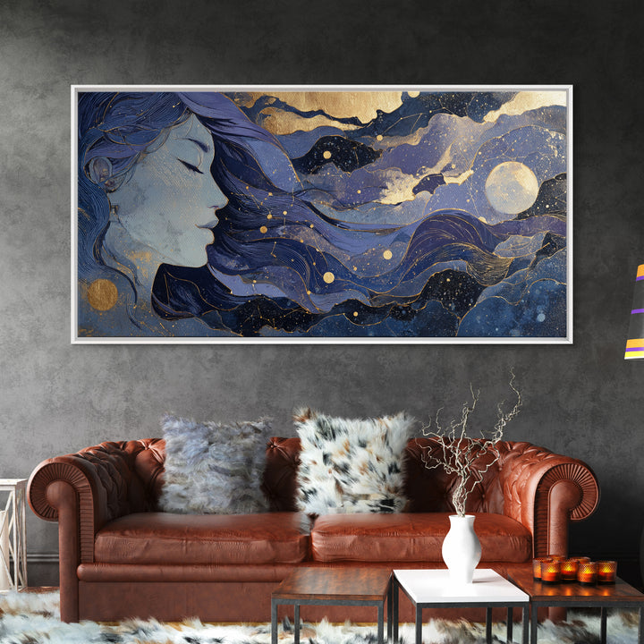 Moon Goddess with Flowing Hair and Constellations Framed Canvas Print, Astrology Art, Astrology, Living Room Decor, Zodiac, AST-2x1-23
