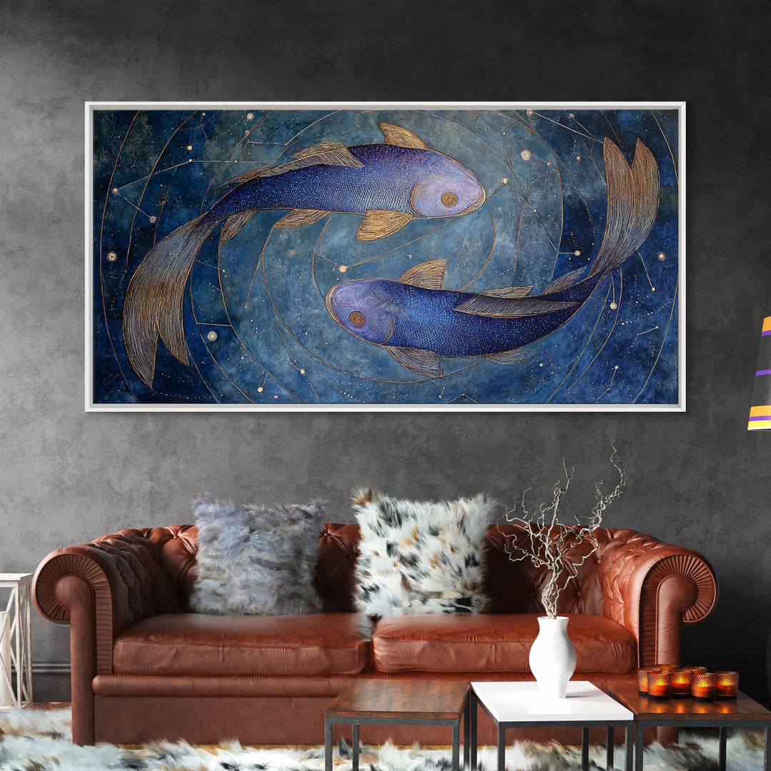 Cosmic Fish Pair Circling a Moonlit Pool Framed Canvas Print, Astrology Art, Art Nouveau, Living Room Decor, Fine Art, Zodiac, AST-2x1-43