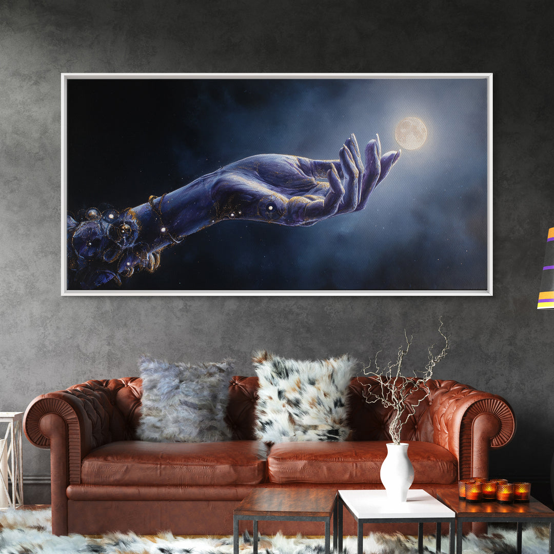 Tarot Cosmic Hand Holding a Glowing Star Framed Canvas Print, Astrology Art, Print, Living Room Decor, Fine Art, Zodiac, AST-2x1-50