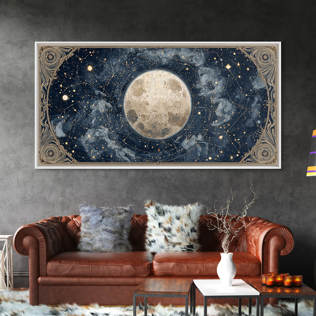 Retro Horoscope Chart Framed Canvas Print, Astrology Art, Boho Decor, Living Room Decor, Abstract Art, Zodiac, AST-2x1-65