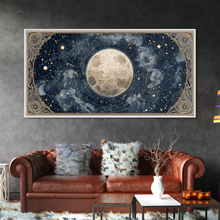 Retro Horoscope Chart Framed Canvas Print, Astrology Art, Boho Decor, Living Room Decor, Abstract Art, Zodiac, AST-2x1-65