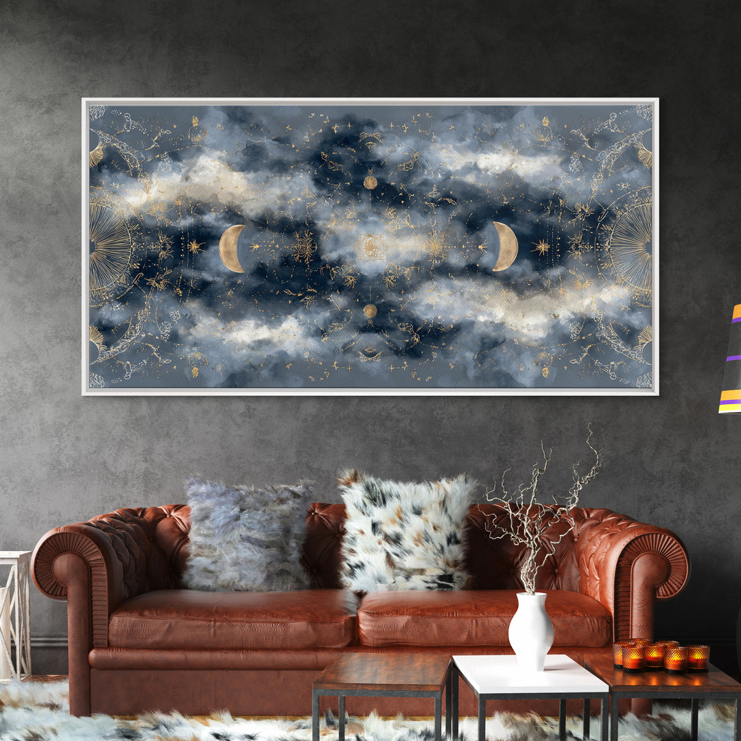 Celestial Twins Surrounded by Mirrored Moons Canvas Print, Astrology Art, Astrology Gifts, Living Room Decor, Oil Painting, AST-2x1-77