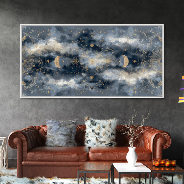 Celestial Twins Surrounded by Mirrored Moons Canvas Print, Astrology Art, Astrology Gifts, Living Room Decor, Oil Painting, AST-2x1-77
