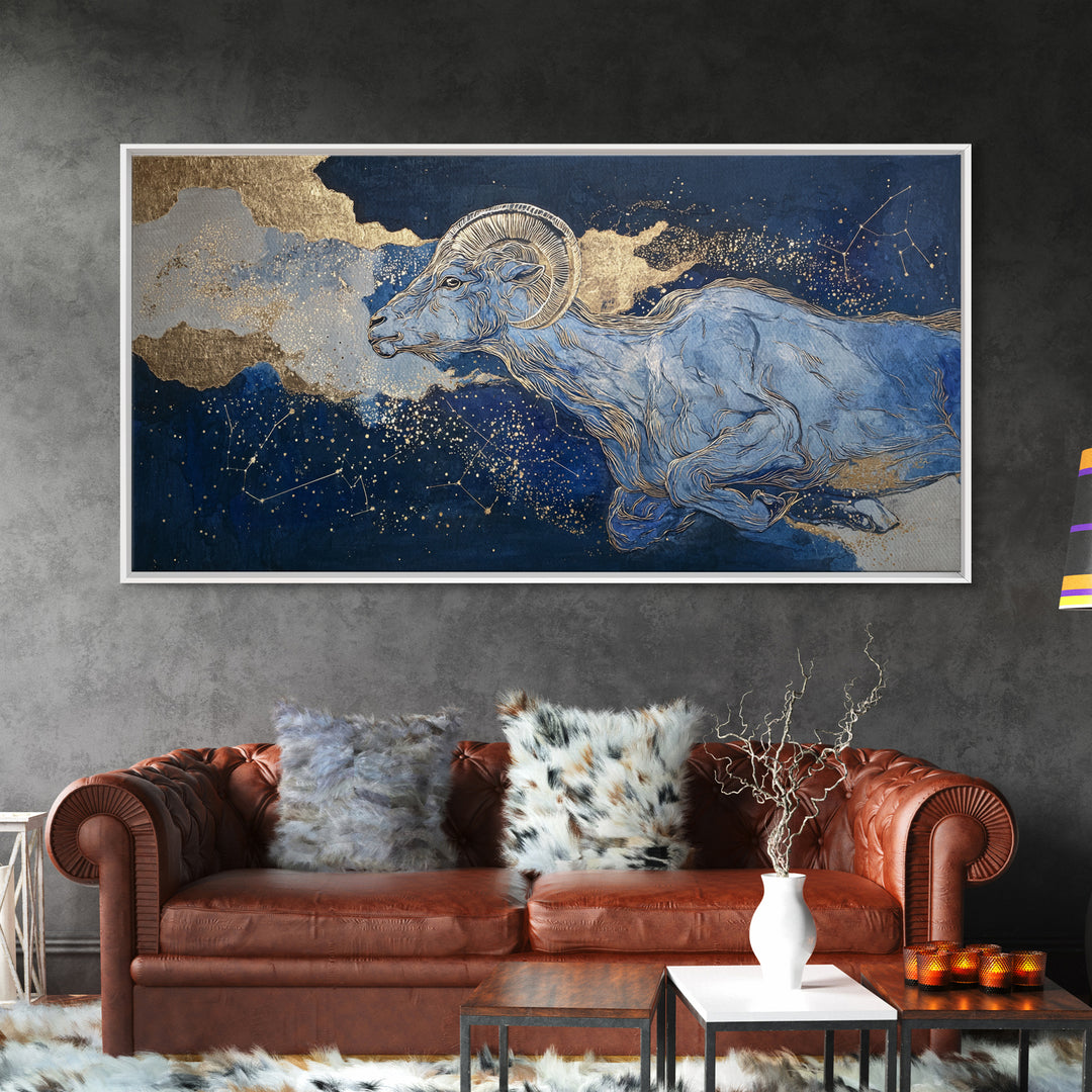 Capricorn Sea Goat Emerging from Cosmic Waves Framed Canvas Print, Astrology Art, Zodiac Sign Print, Living Room Decor, Zodiac, AST-2x1-87