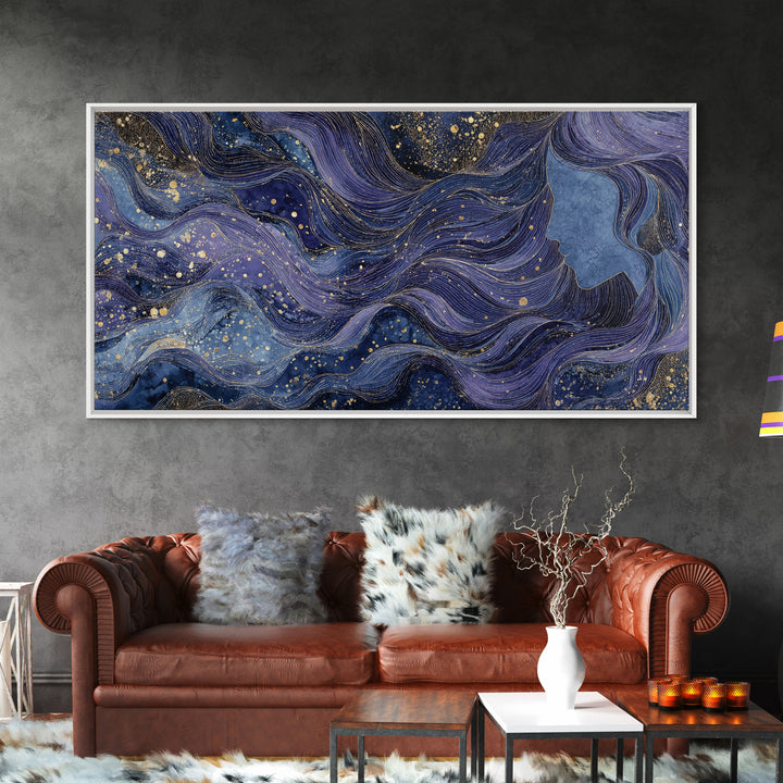 Moon Goddess with Flowing Hair and Constellations Framed Canvas Print, Astrology Art, Wall Decor, Living Room Decor, Zodiac, AST-2x1-95