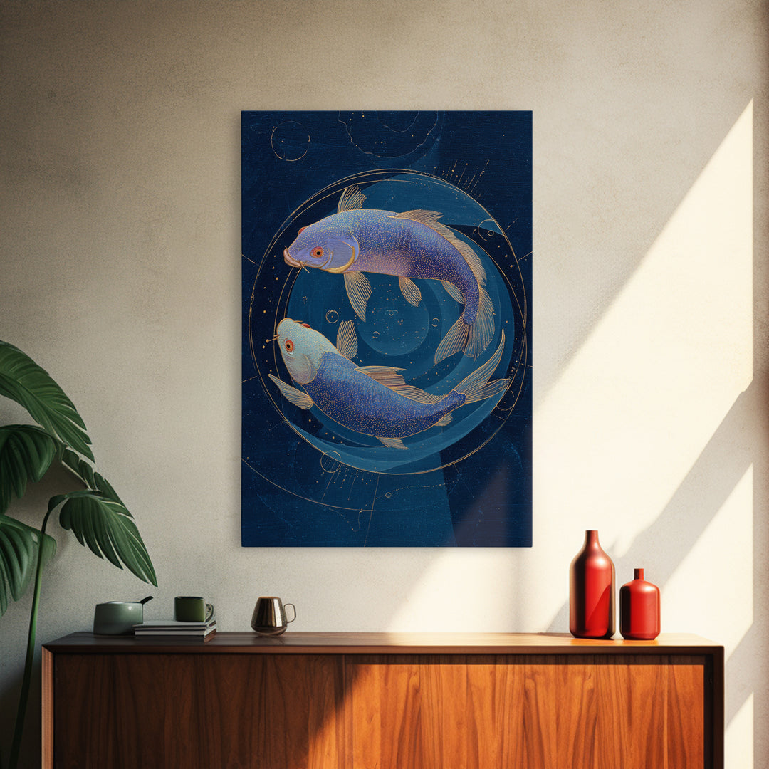 Cosmic Fish Pair Circling a Moonlit Pool Canvas Print, Astrology Art, Poster, Living Room Decor, Zodiac, Astrology Gifts, AST-2x3-31