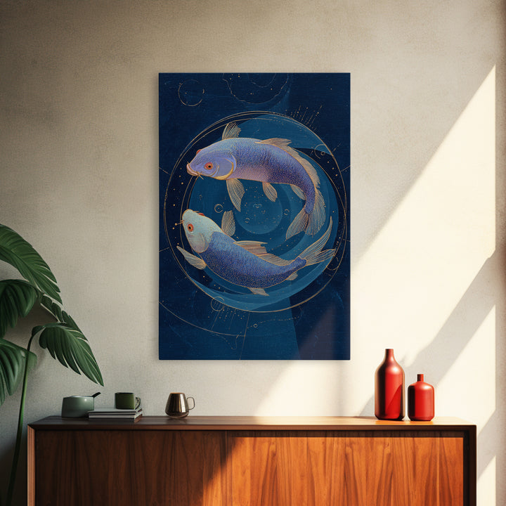 Cosmic Fish Pair Circling a Moonlit Pool Canvas Print, Astrology Art, Poster, Living Room Decor, Zodiac, Astrology Gifts, AST-2x3-31