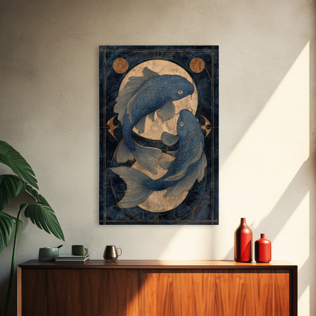 Cosmic Fish Pair Circling a Moonlit Pool Framed Canvas Print, Astrology Art, Art Nouveau, Living Room Decor, Fine Art, Zodiac, AST-2x3-55