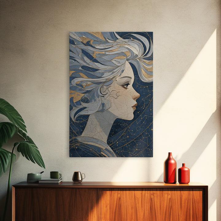 Moon Goddess with Flowing Hair and Constellations Canvas Print, Astrology Art, Astrology Gifts, Living Room Decor, Zodiac, AST-2x3-59
