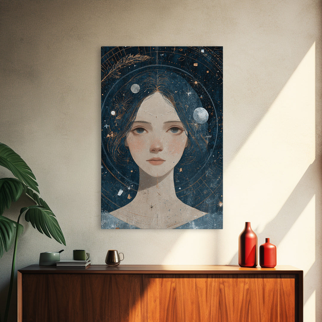 Virgo Maiden with Wheat and Blue Night Framed Canvas Print, Astrology Art, Astrology, Living Room Decor, Watercolor Art, Zodiac, AST-2x3-74