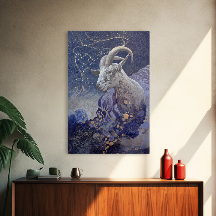 Capricorn Sea Goat Emerging from Cosmic Waves Framed Canvas Print, Astrology Art, Psychedelic Art, Living Room Decor, Zodiac, AST-2x3-75