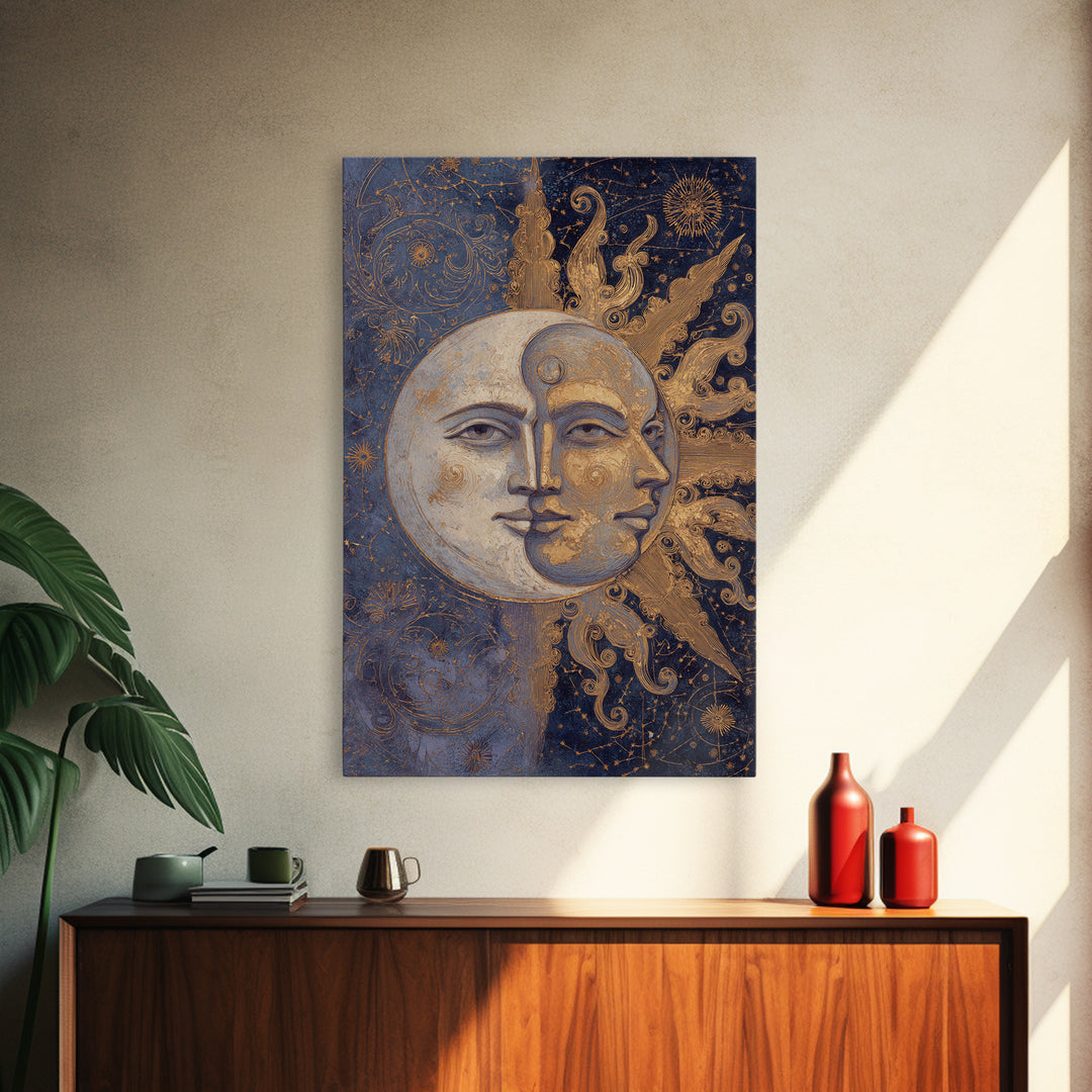 Sun and Moon Faces Framed Canvas Print, Astrology Art, Giclee Print, Living Room Decor, Fine Art, Zodiac, Fine Art Print, AST-2x3-85