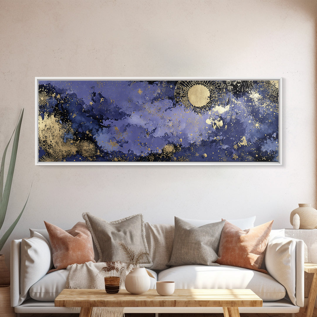 Gold Zodiac Wheel on Deep Midnight Blue Framed Canvas Print, Astrology Art, Zodiac Sign Print, Living Room Decor, Zodiac, AST-3x1-17