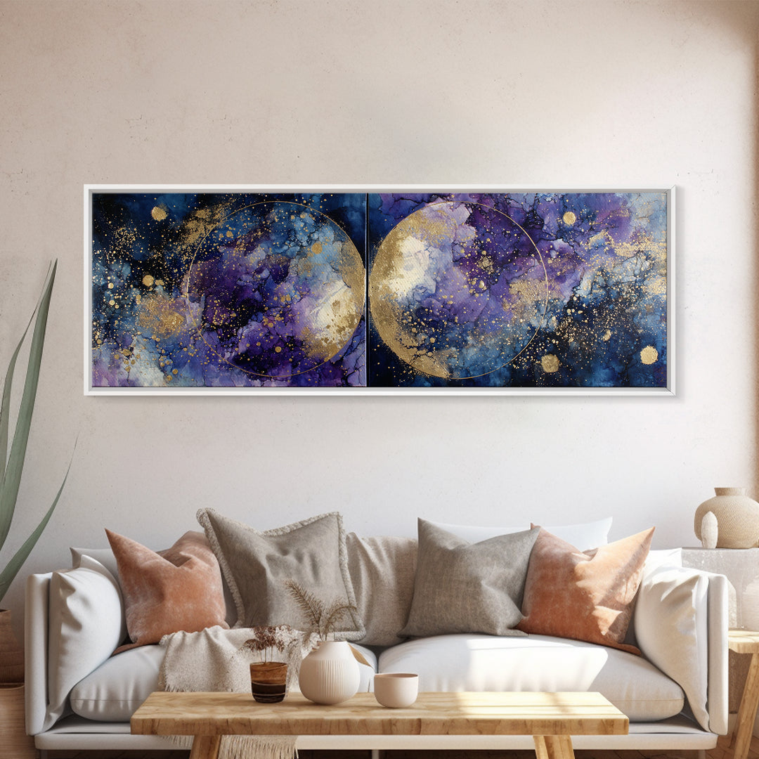 Celestial Twins Surrounded by Mirrored Moons Framed Canvas Print, Astrology Art, Wall Decor, Living Room Decor, Zodiac, AST-3x1-73