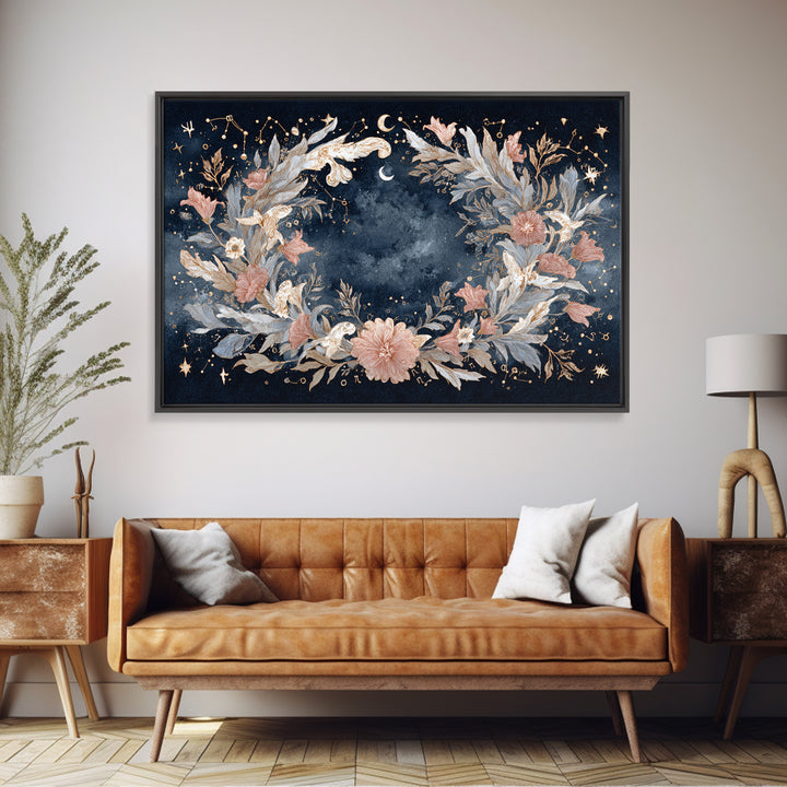 Astrological Botanical Wreath Framed Canvas Print, Astrology Art, Astronomy Art, Living Room Decor, Watercolor Art, Zodiac, AST-3x2-15