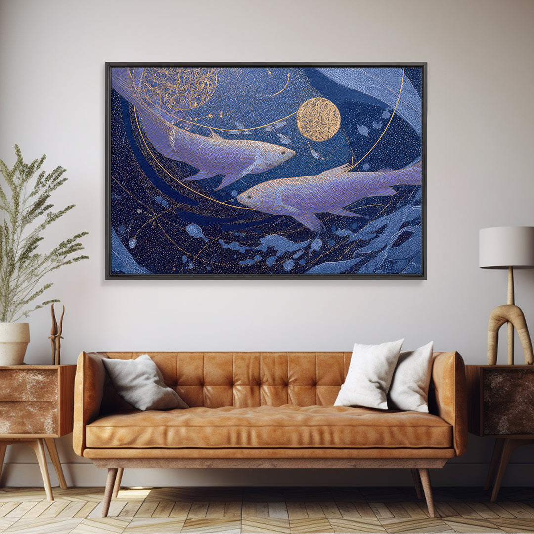 Cosmic Fish Pair Circling a Moonlit Pool Canvas Print, Astrology Art, Zodiac Wall Art, Living Room Decor, Fine Art, Zodiac, AST-3x2-3