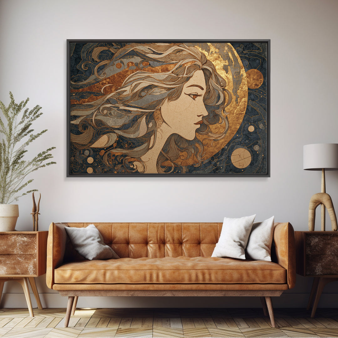Moon Goddess with Flowing Hair and Constellations Canvas Print, Astrology Art, Fine Art Print, Living Room Decor, Zodiac, AST-3x2-31