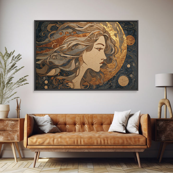 Moon Goddess with Flowing Hair and Constellations Canvas Print, Astrology Art, Fine Art Print, Living Room Decor, Zodiac, AST-3x2-31