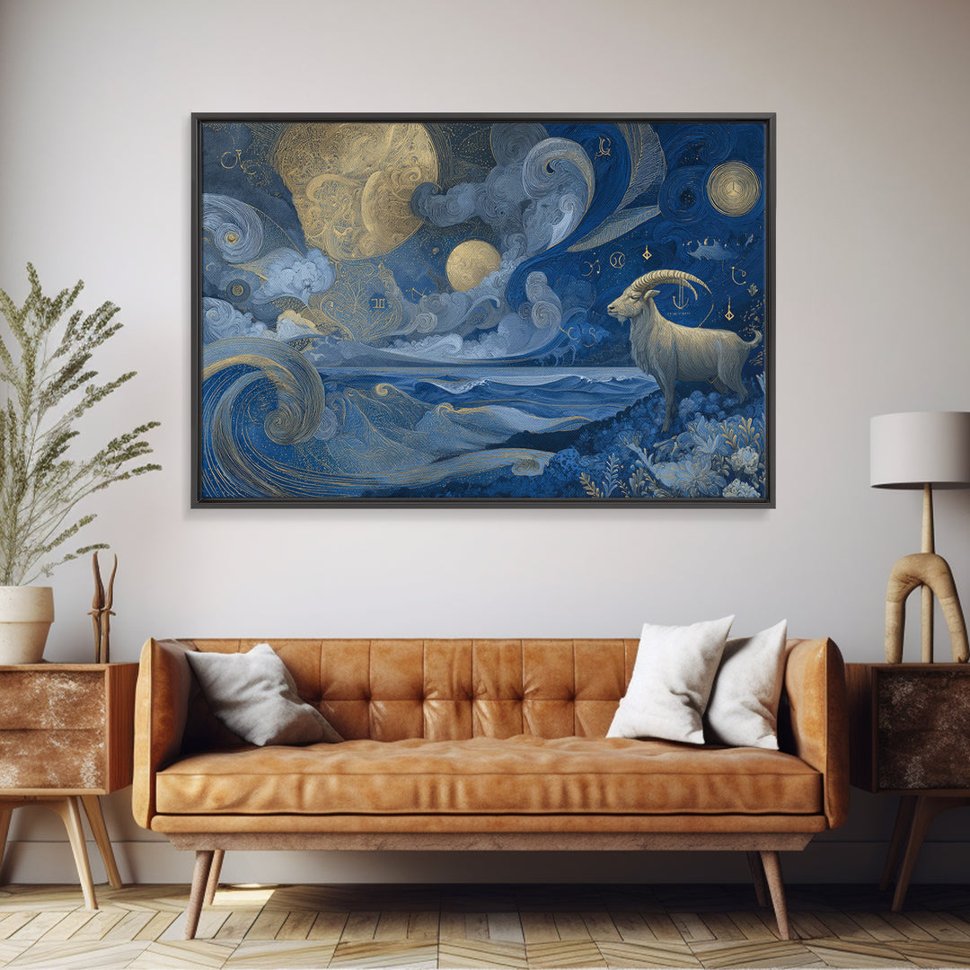 Capricorn Sea Goat Emerging from Cosmic Waves Canvas Print, Astrology Art, Digital Wall Art, Living Room Decor, Zodiac, AST-3x2-47