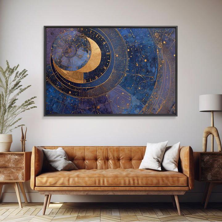 Gold Zodiac Wheel on Deep Midnight Blue Framed Canvas Print, Astrology Art, Astronomy Print, Living Room Decor, Zodiac, AST-3x2-5