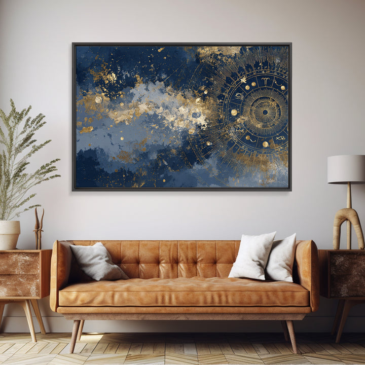 Gold Zodiac Wheel on Deep Midnight Blue Canvas Print, Astrology Art, Neutral Decor, Living Room Decor, Fine Art, Zodiac, AST-3x2-53