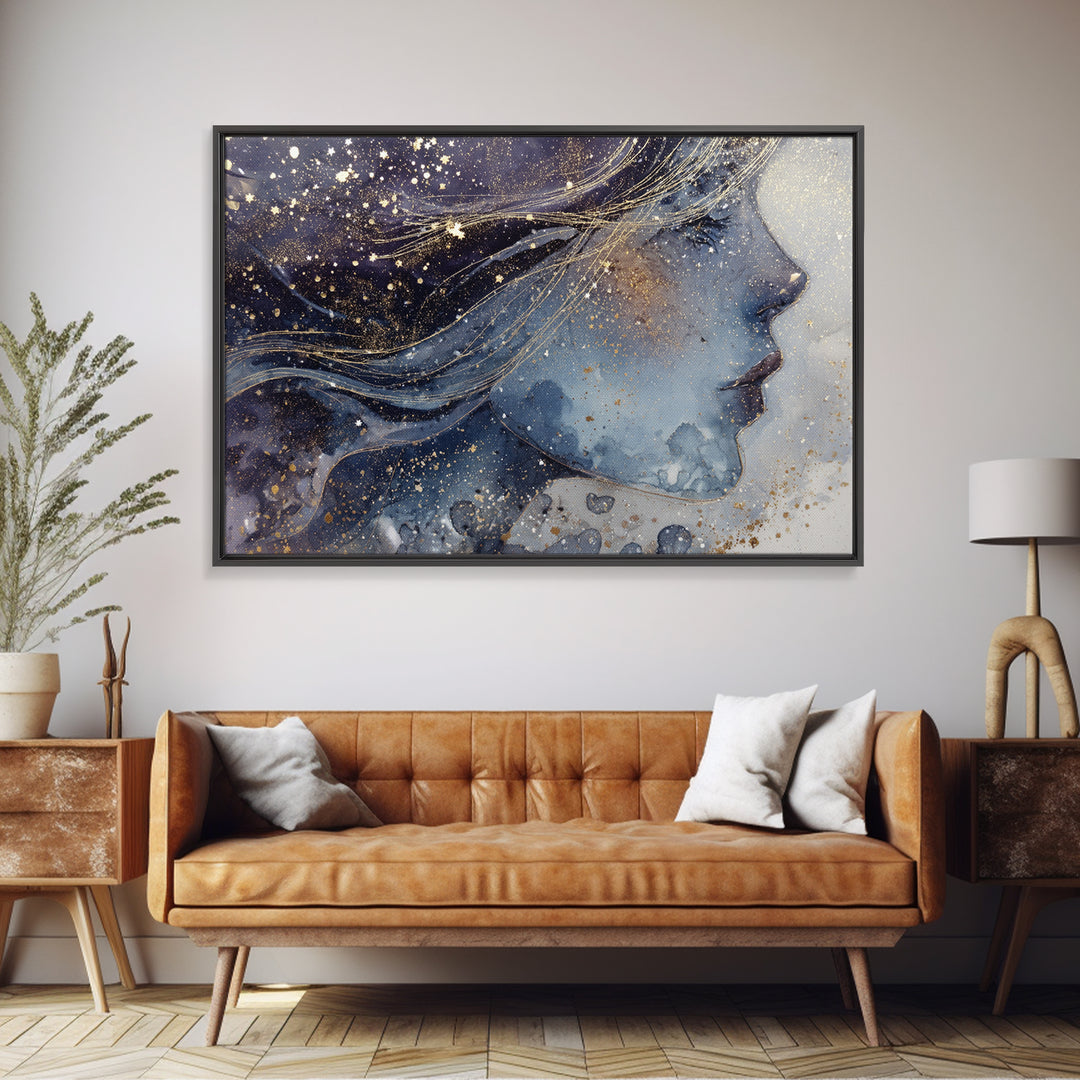 Moon Goddess with Flowing Hair and Constellations Canvas Print, Astrology Art, Astrology Gifts, Living Room Decor, Zodiac, AST-3x2-55