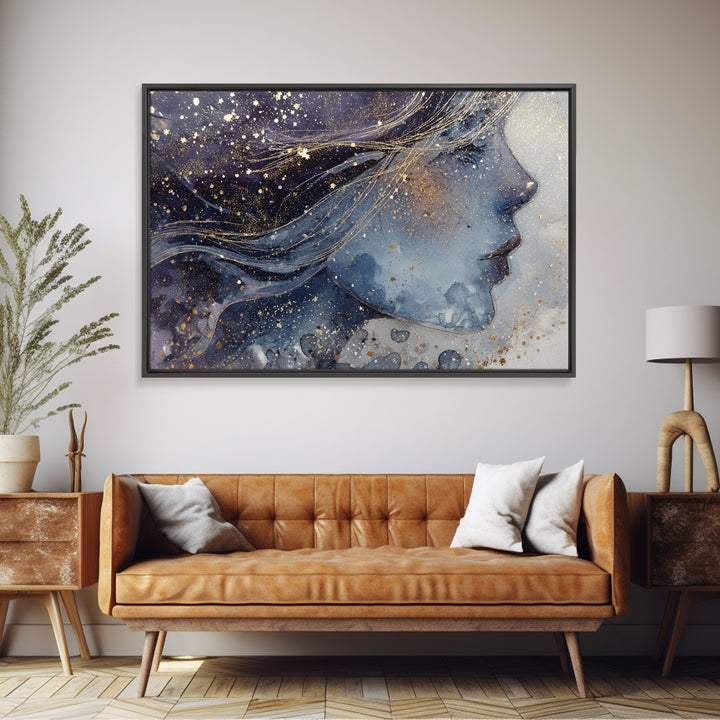 Moon Goddess with Flowing Hair and Constellations Canvas Print, Astrology Art, Astrology Gifts, Living Room Decor, Zodiac, AST-3x2-55