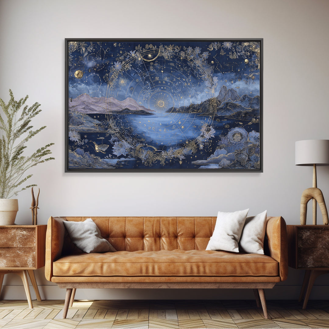 Astrological Botanical Wreath Framed Canvas Print, Astrology Art, Giclee Print, Living Room Decor, Oil Painting, Zodiac, AST-3x2-63