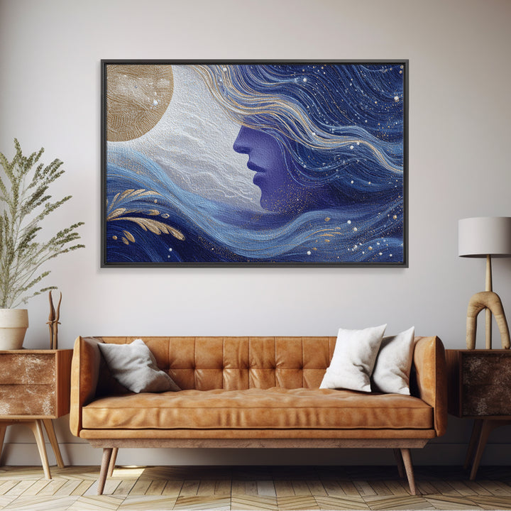 Moon Goddess with Flowing Hair and Constellations Framed Canvas Print, Astrology Art, Boho Decor, Living Room Decor, Zodiac, AST-3x2-7