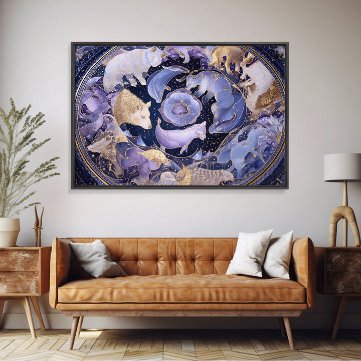 Twelve Zodiac Animals Arranged Framed Canvas Print, Astrology Art, Zodiac Sign Wall Art, Living Room Decor, Oil Painting, AST-3x2-8