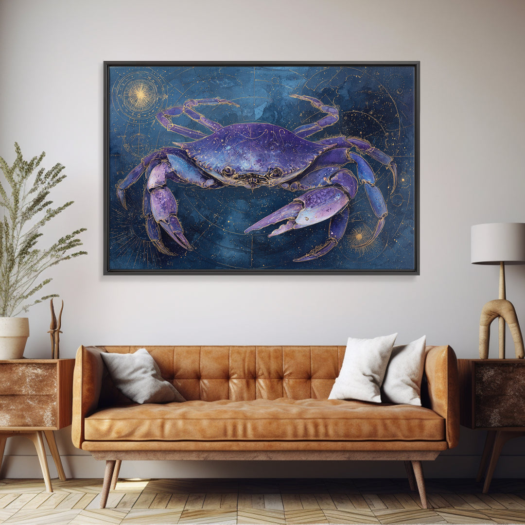 Celestial Crab under Glowing Ocean Moonlight Framed Canvas Print, Astrology Art, Art Print, Living Room Decor, Fine Art, Zodiac, AST-3x2-92